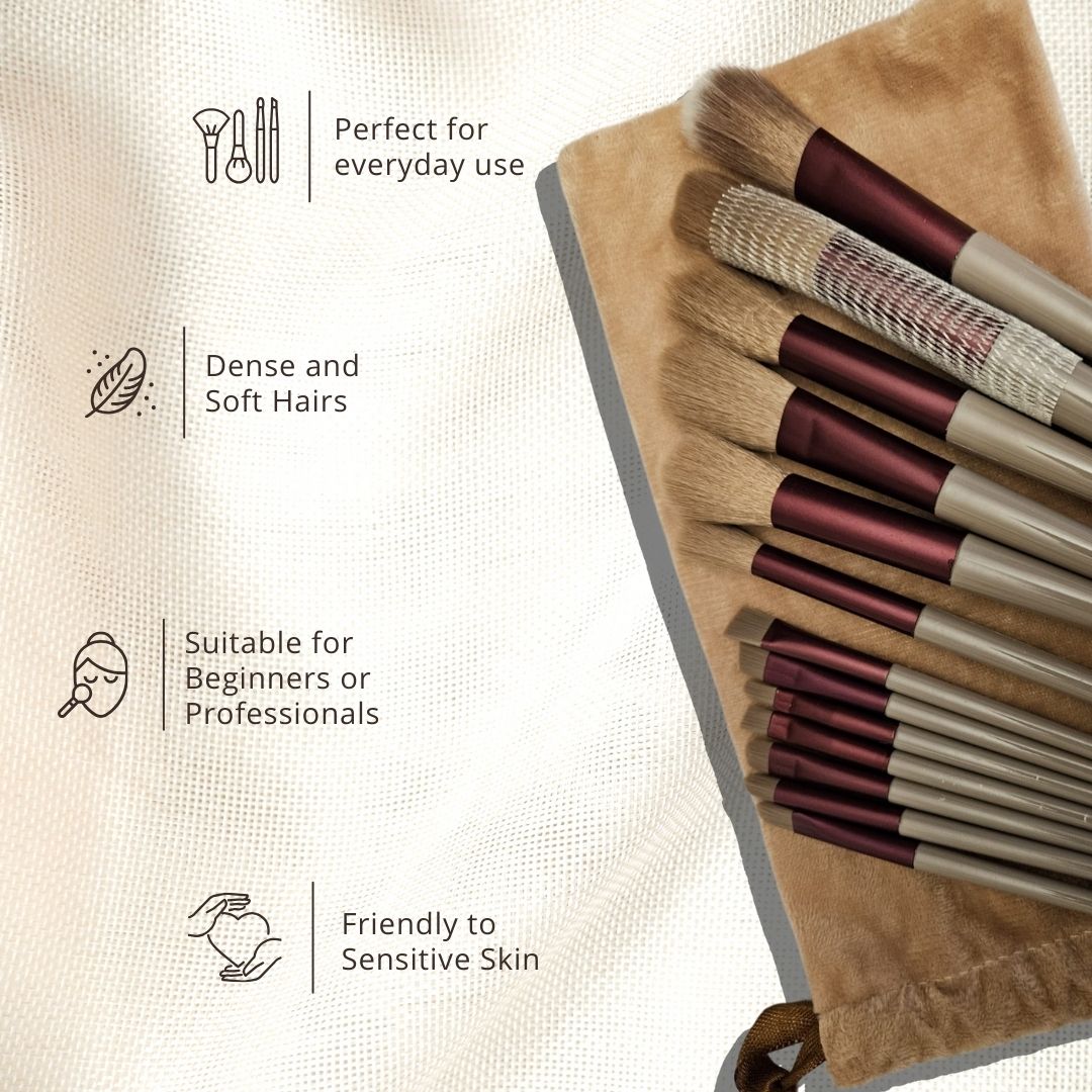 Ammuri Skincare 13-Piece Professional Vegan Makeup Brush Set with Pine & Burgundy Finish and Travel Pouch Ammuri Skincare