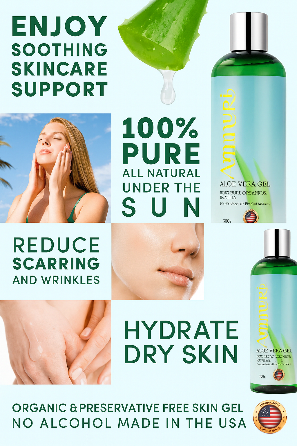 Ammuri Organic Aloe Vera Gel 300g - Pure Natural Pack Of 5 for Face & Body