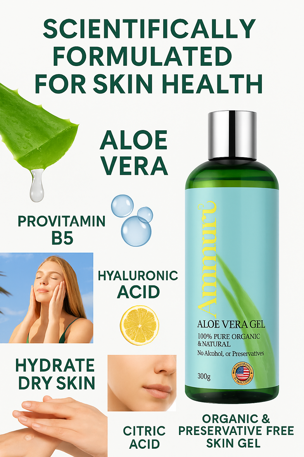 Ammuri Organic Aloe Vera Gel 300g - Pure Natural Pack Of 5 for Face & Body