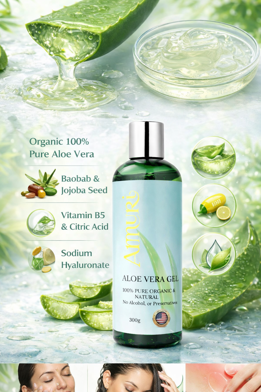 Ammuri Organic Aloe Vera Gel 300g - Pure Natural Pack Of 5 for Face & Body