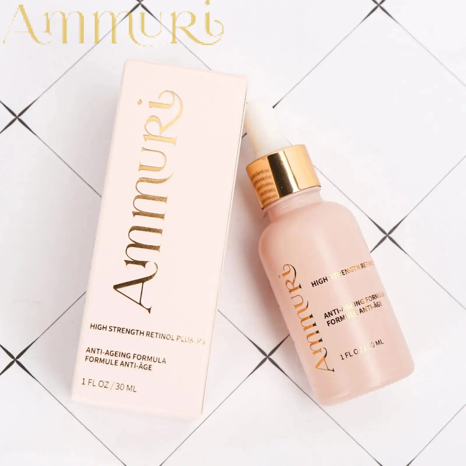 Ammuri Skincare high strength retinol serum in frosted glass dropper bottle with packaging box