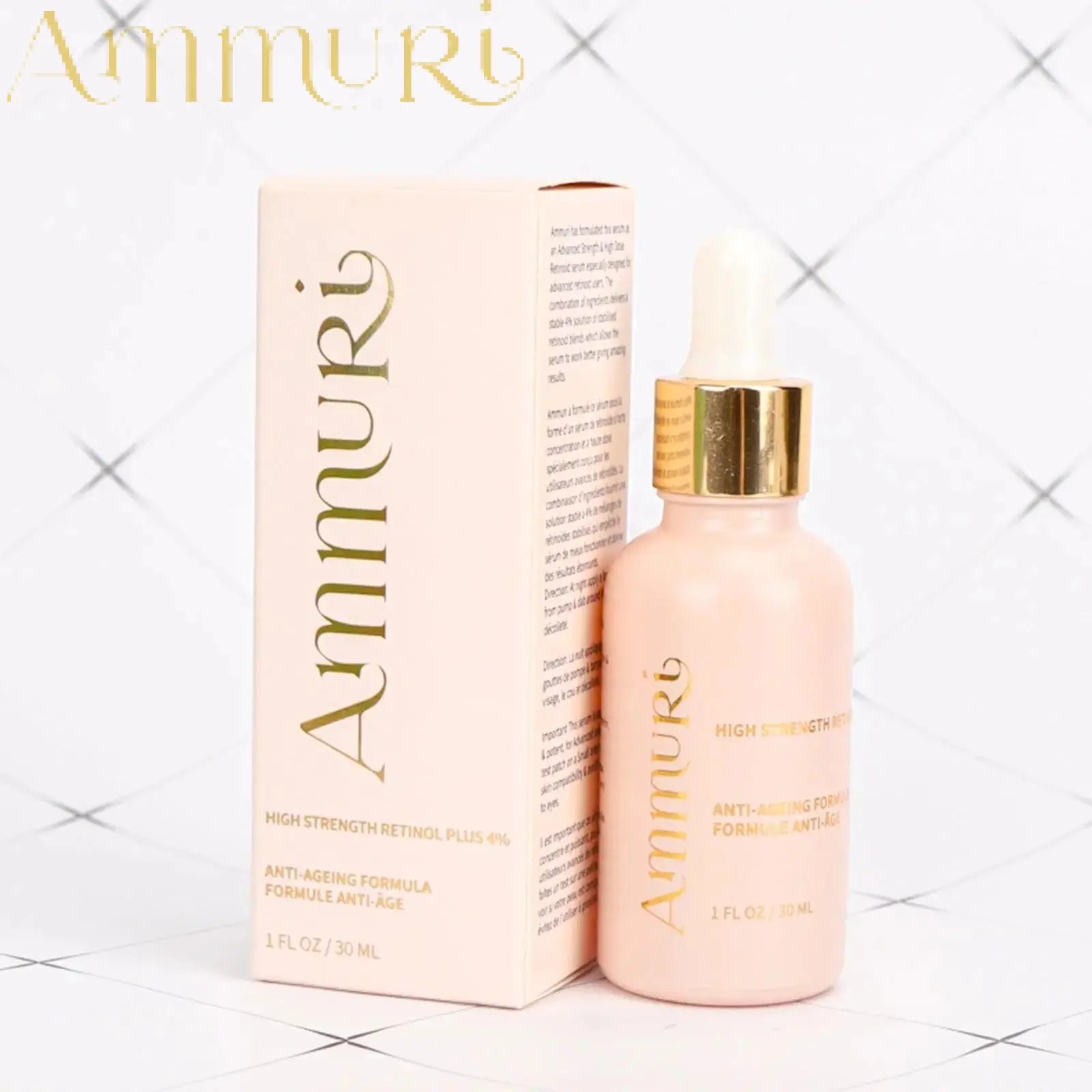 Ammuri Skincare 4 retinol anti aging serum in pink bottle with dropper and elegant packaging for youthful skin