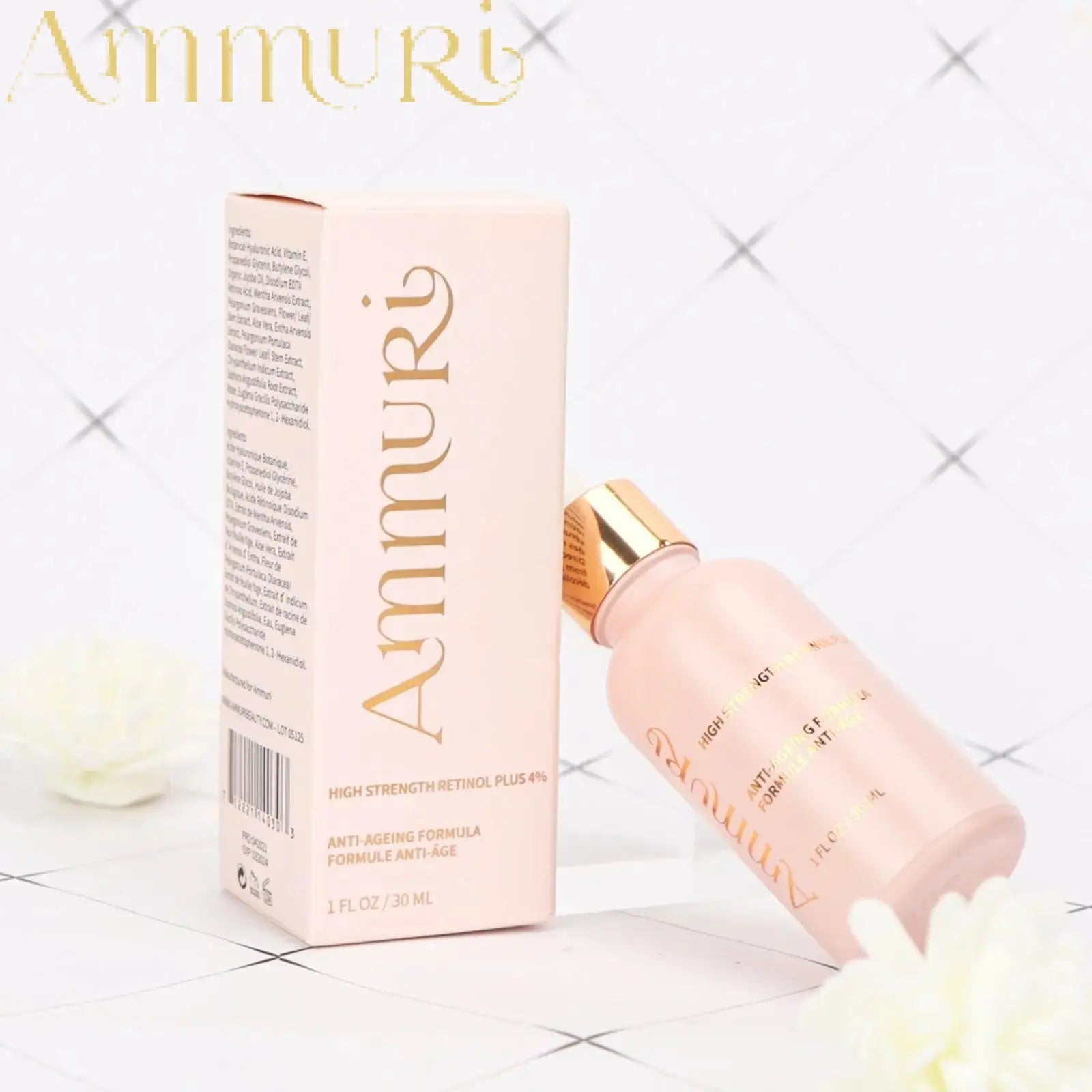 Ammuri Skincare high strength retinol serum bottle and box in soft pink packaging for anti-aging