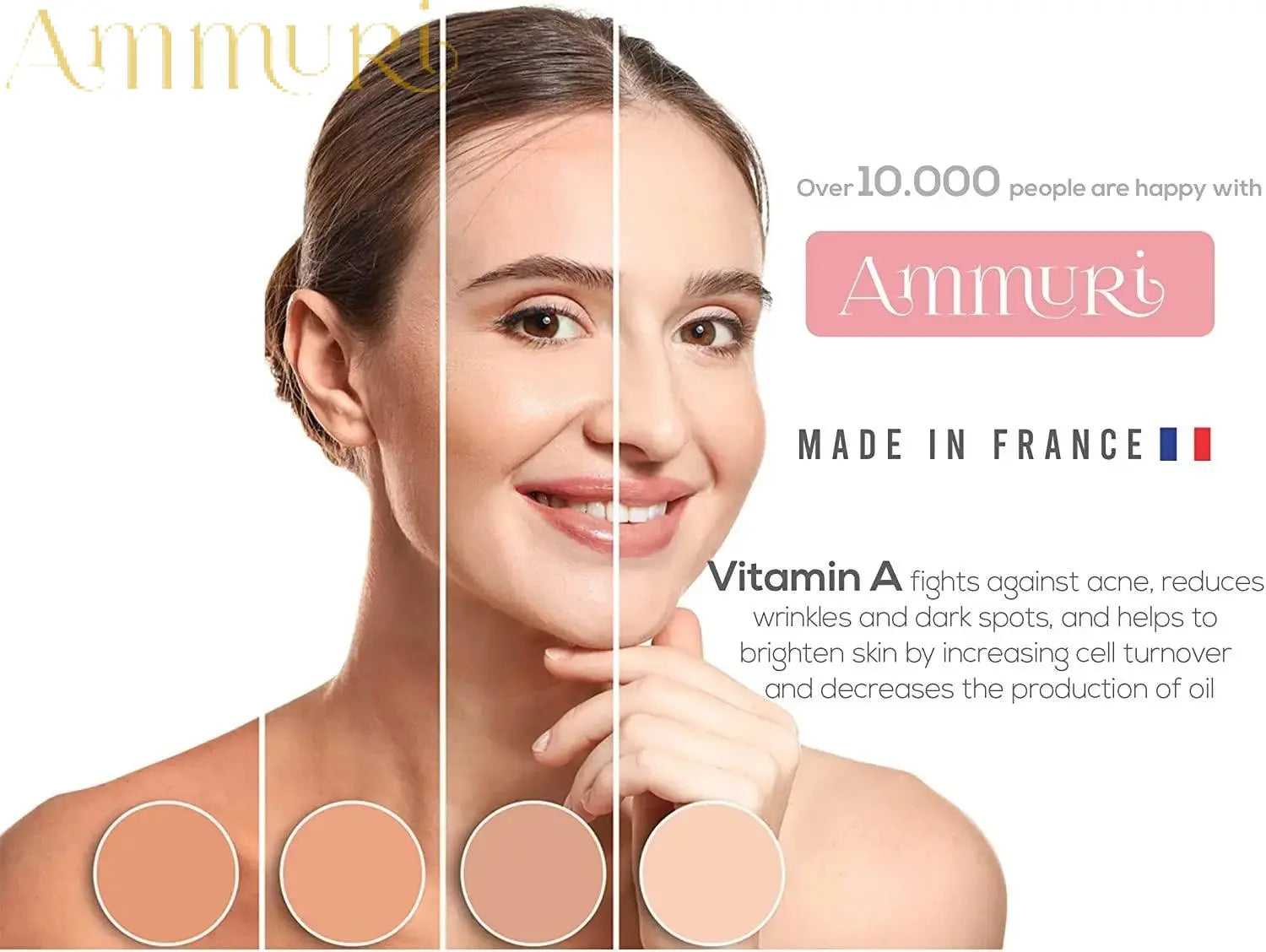Ammuri Skincare retinol face serum showing clear skin transformation by high strength retinol serum for brightening and anti-aging