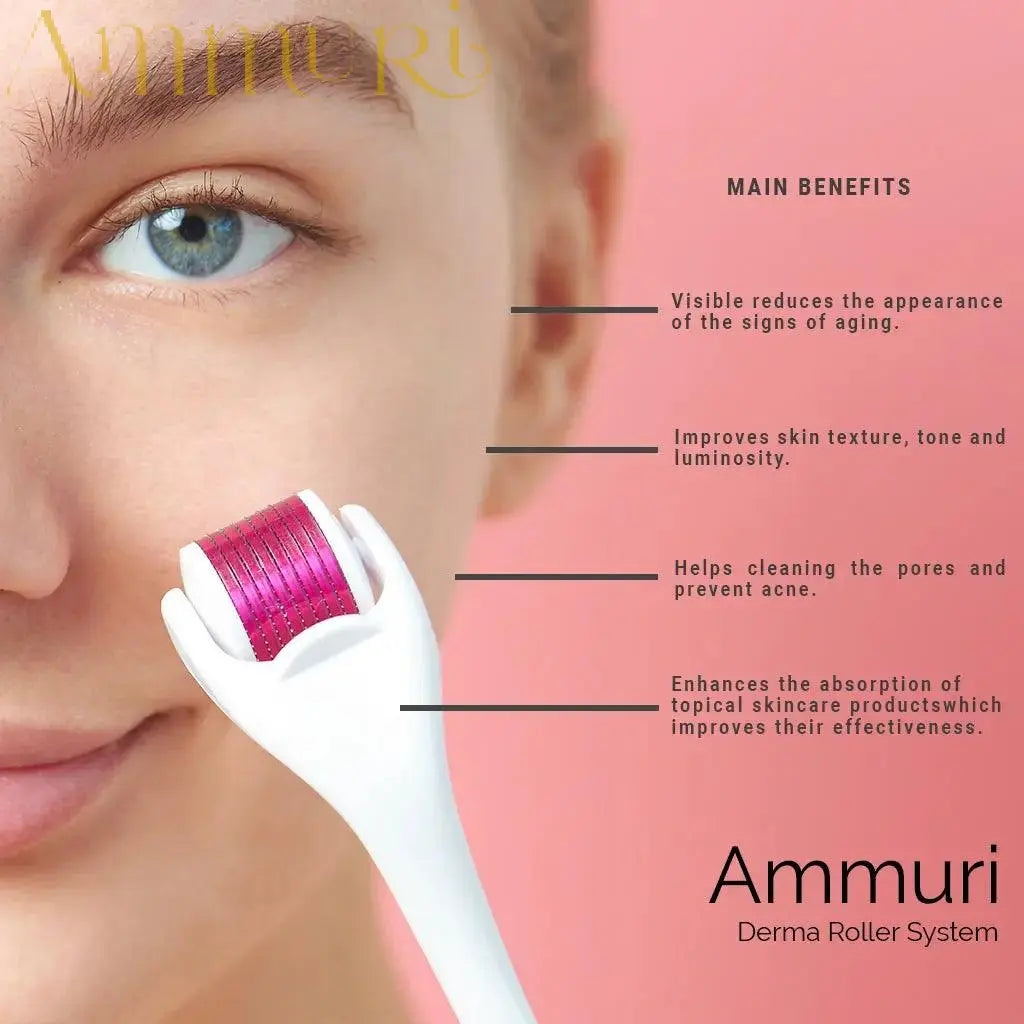 Ammuri Skincare microneedle derma roller system for skincare with benefits highlighted on the image