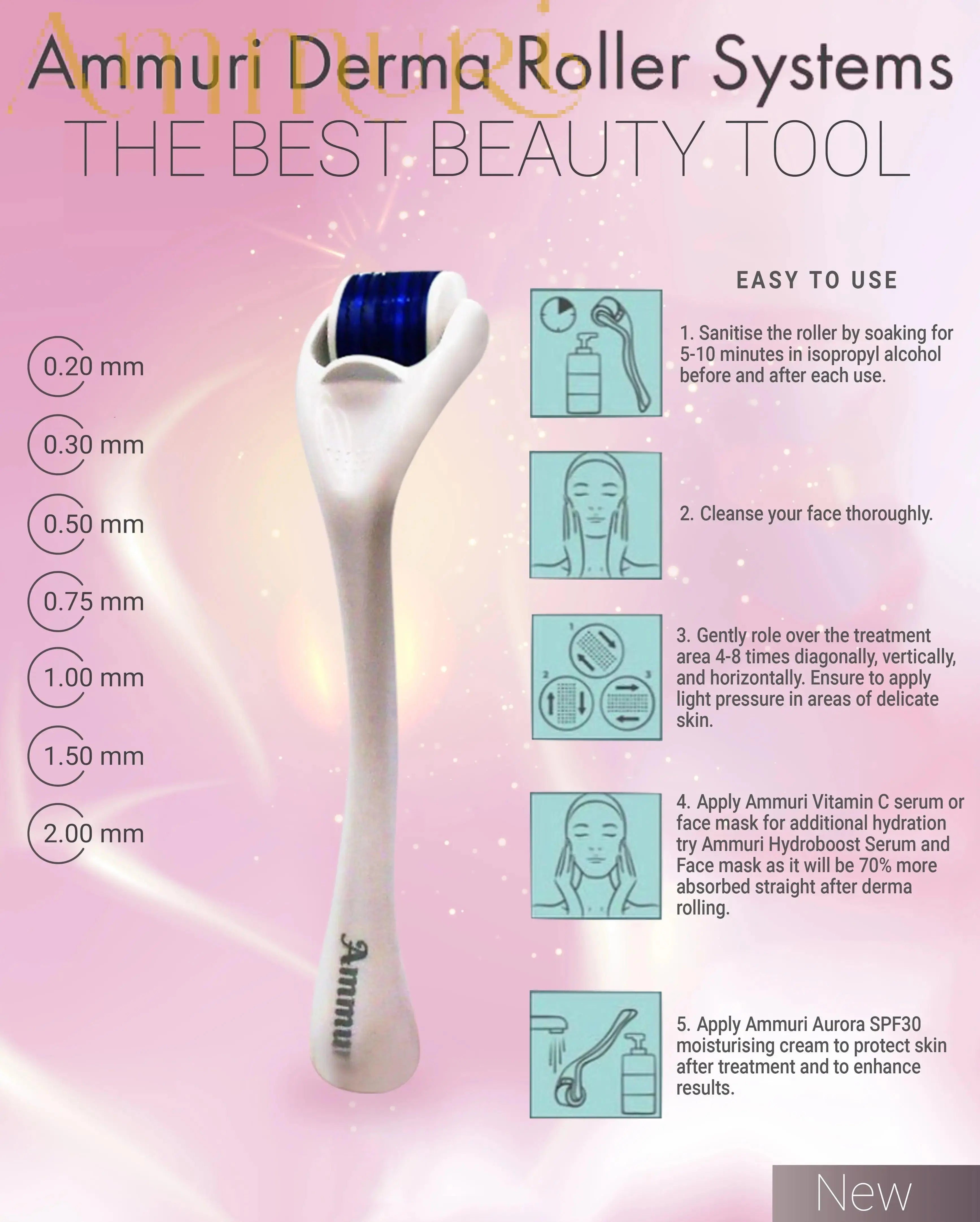 Ammuri Skincare aesthetic microneedle derma roller system for improved skin texture and absorption