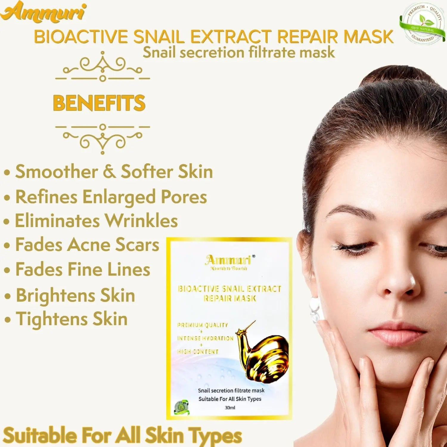 Ammuri BIO ACTIVE SNAIL EXTRACT SILK FACE MASK SHEETS Anti Wrinkle Anti Aging Snail secretion Ammuri Skincare