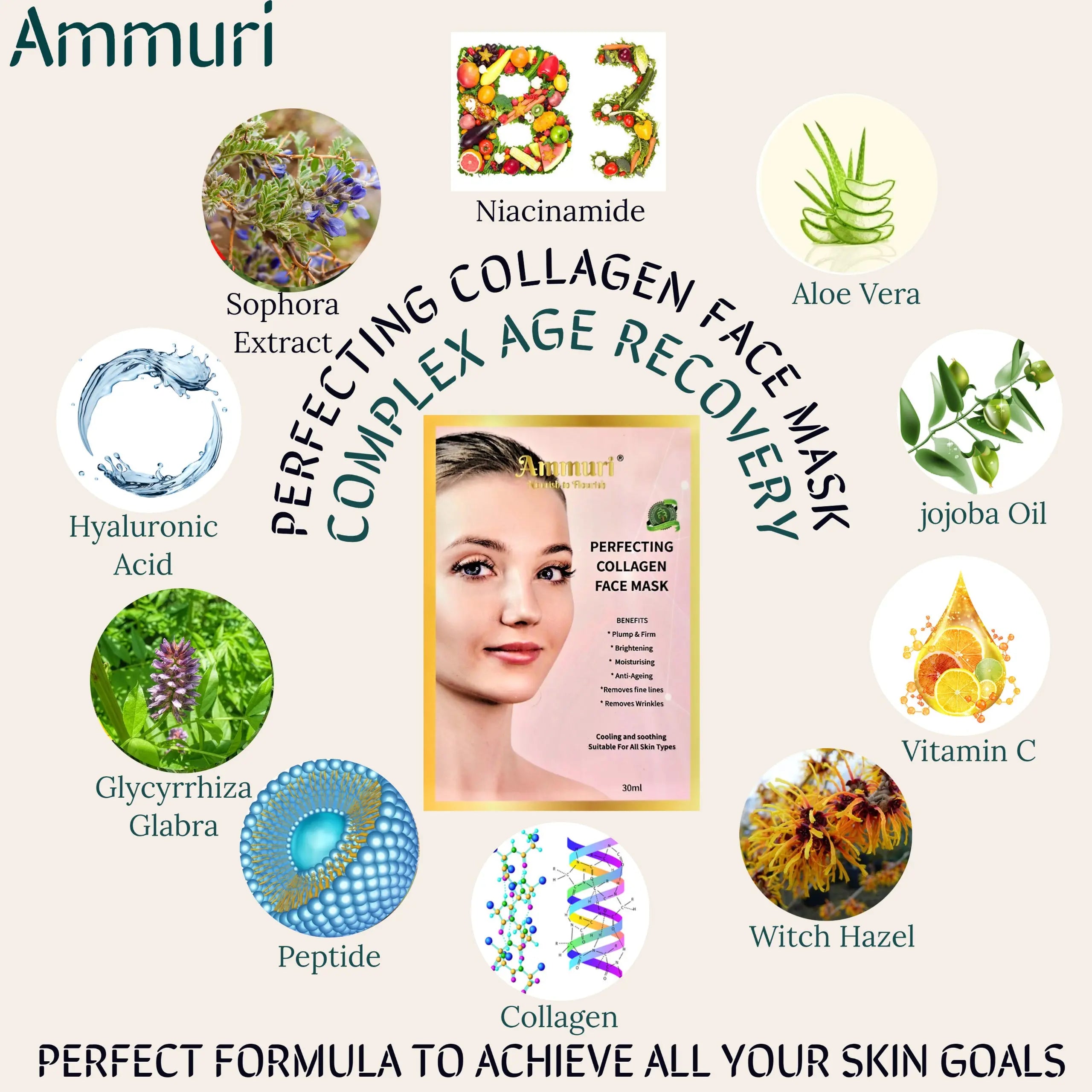 Ammuri Collagen Silk Face MASK Sheets Anti Age Anti Wrinkle Skin Perfecting Mask Ammuri Skincare