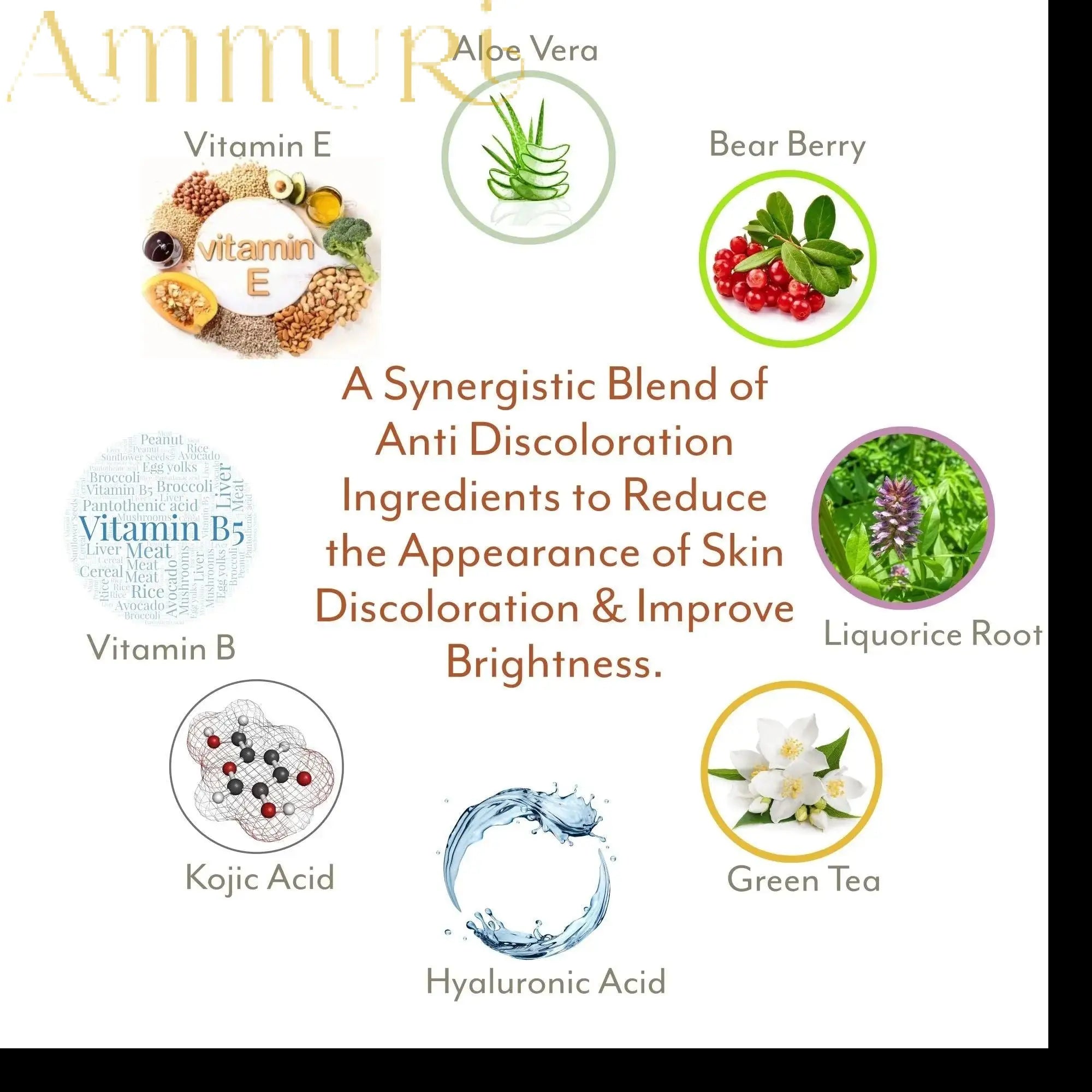 Ammuri Skincare extreme whitening serum featuring Aloe Vera, Vitamin E, and Licorice Root for skin discoloration treatment