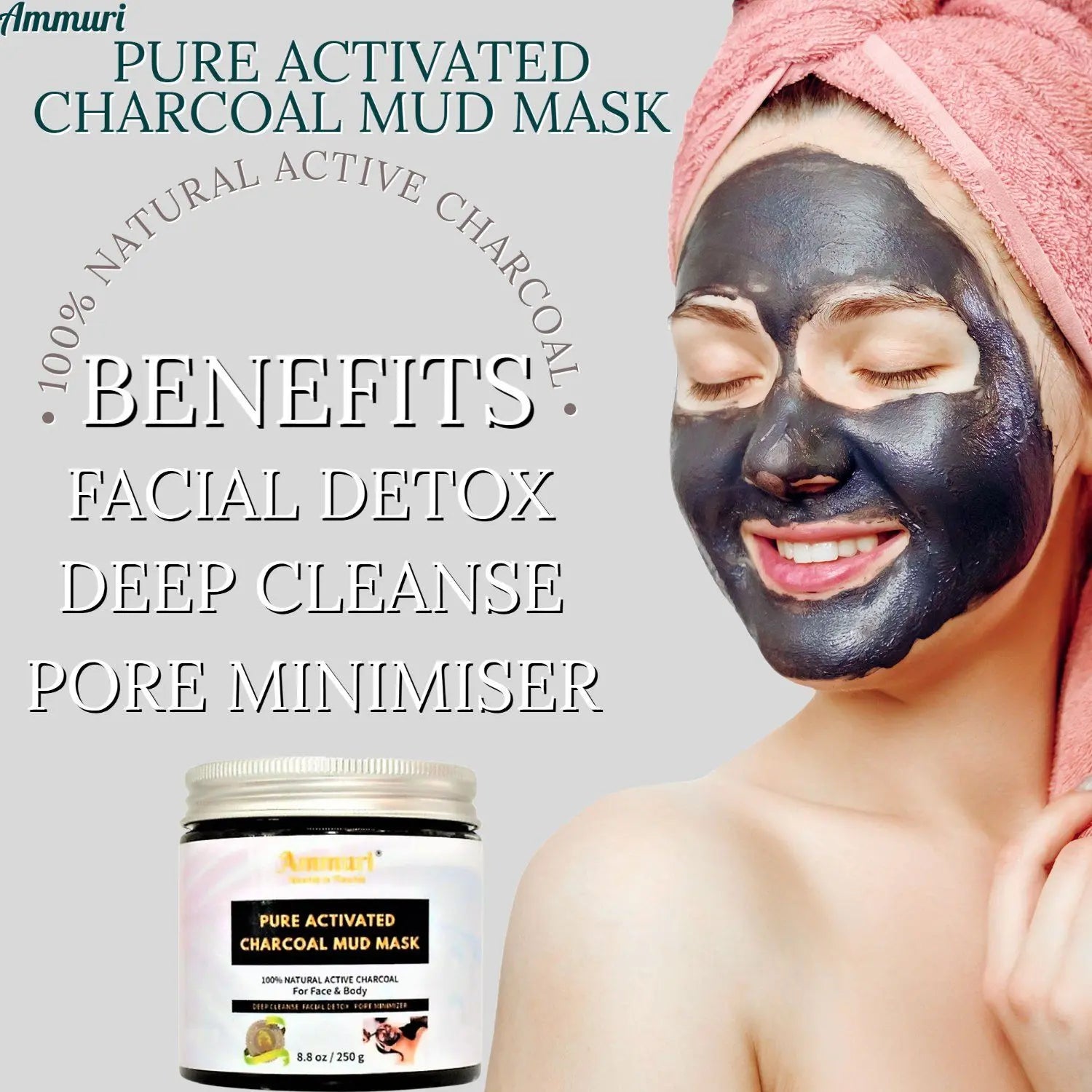 Pure Activated Charcoal Face & Body Mud Mask for Men & Women 250g Ammuri Skincare