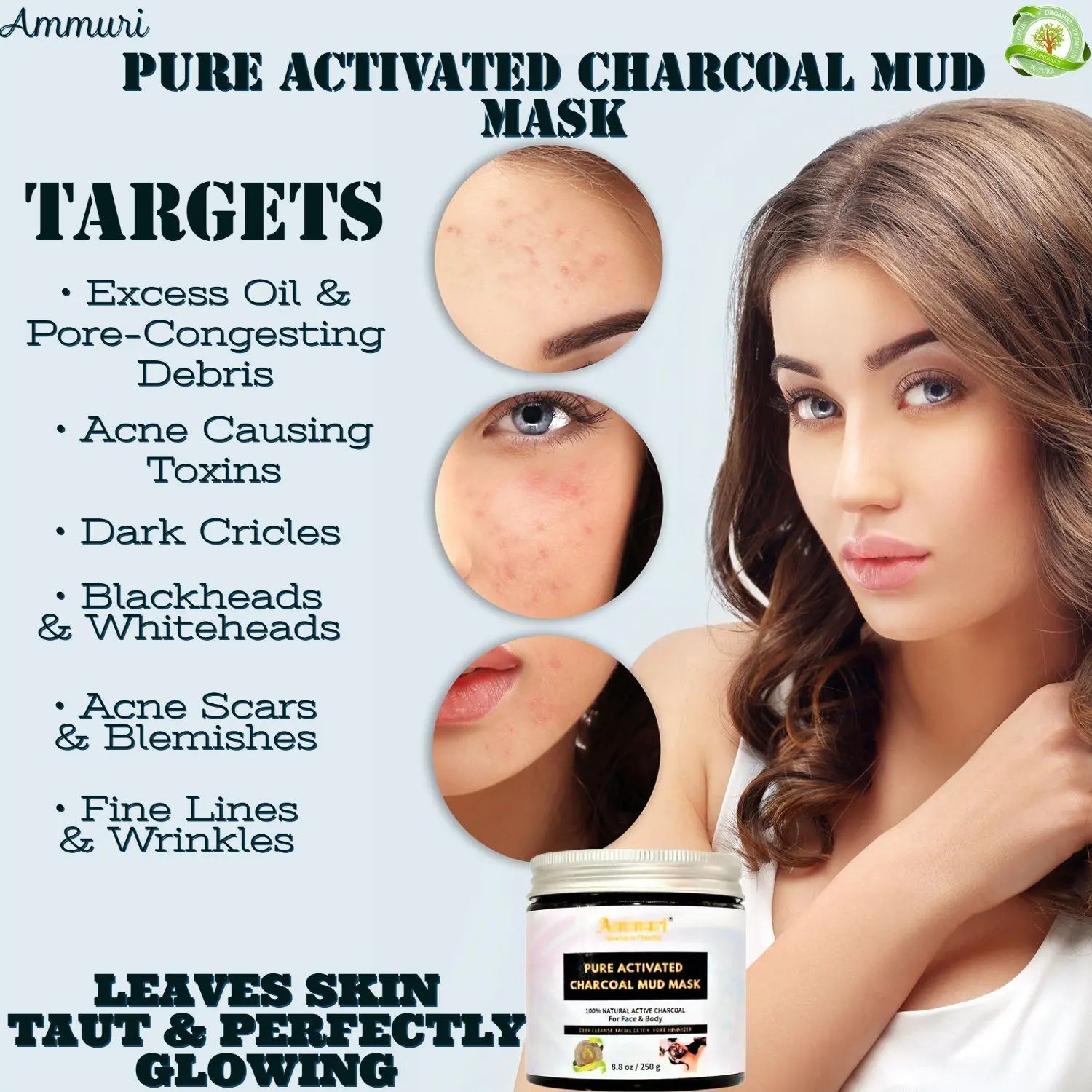 Pure Activated Charcoal Face & Body Mud Mask for Men & Women 250g Ammuri Skincare